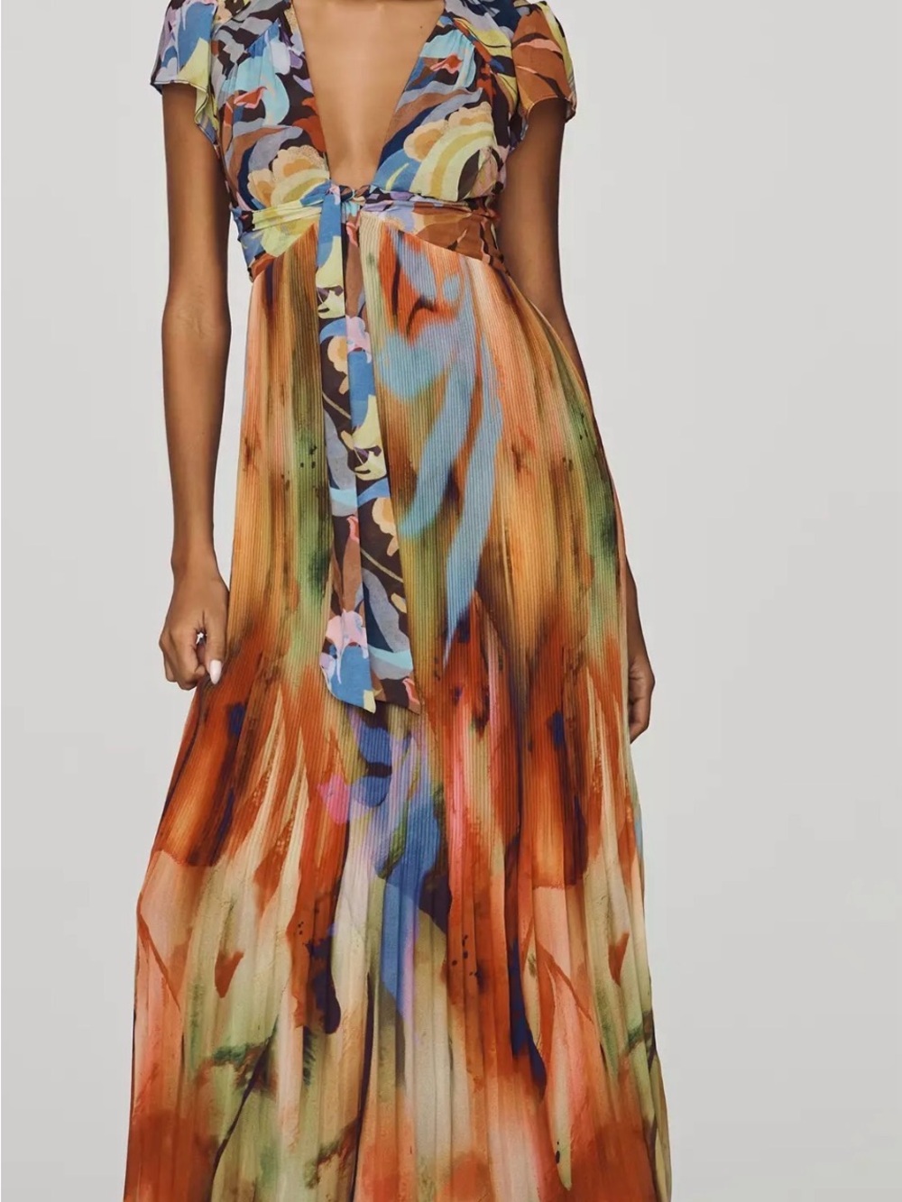 Anthropologie Multicolor Tie-Front Maxi Dress in Orange, Blue & Green